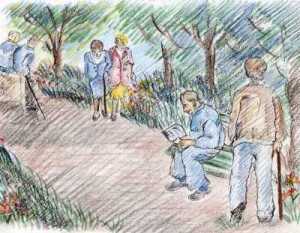 Disegno avente per tema un parco con anziani